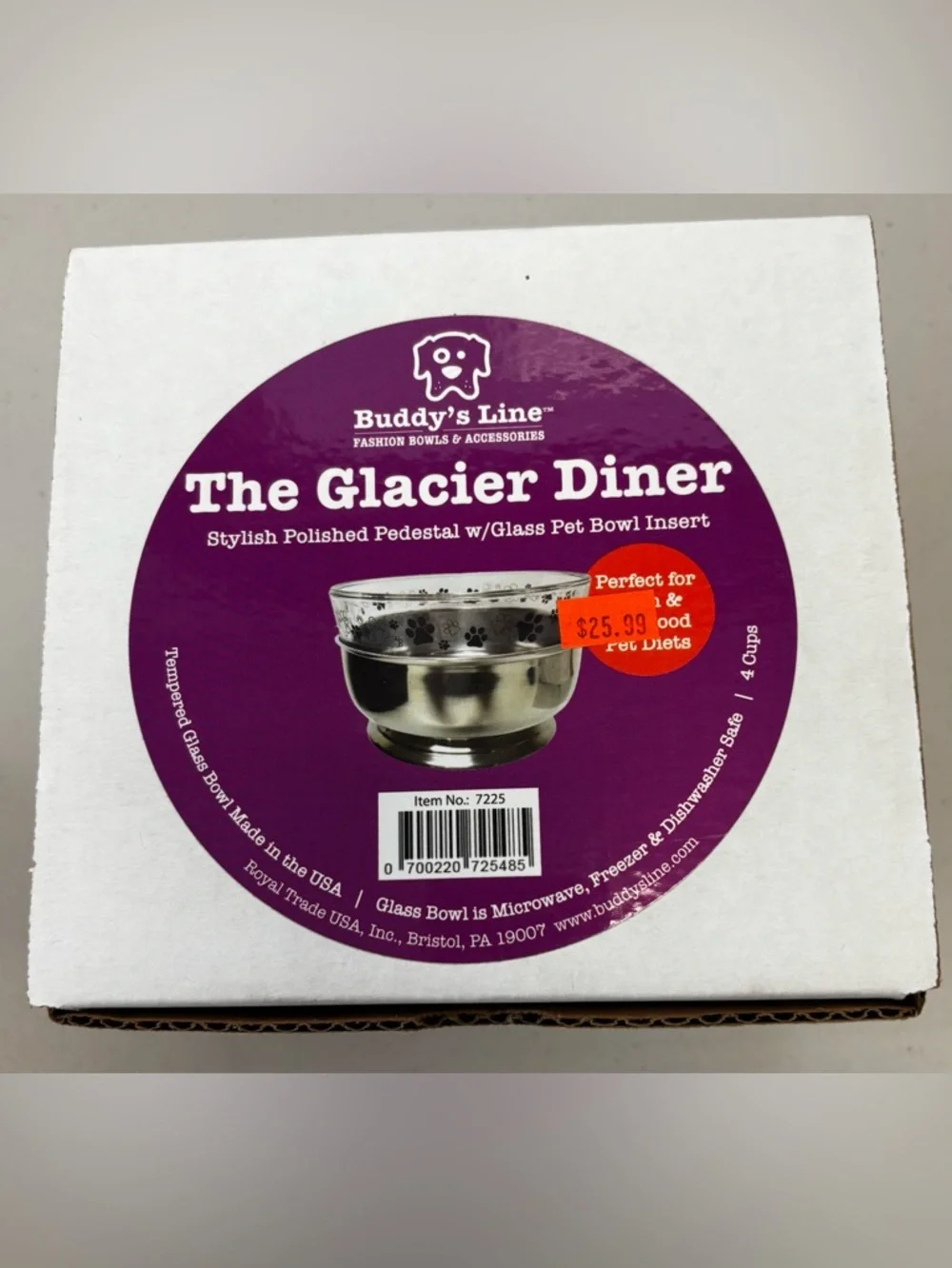 Buddy’s Line Glacier Diner Polished Pedestal w Glass Pet Bowl Insert